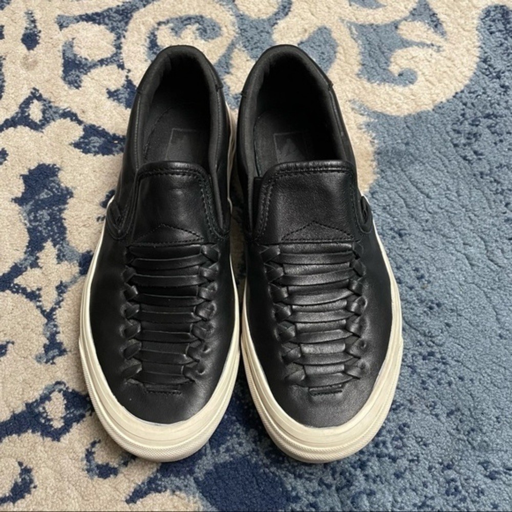 Vans Woven Unisex Black Leather Slip On Size 7M , 8.5 W
